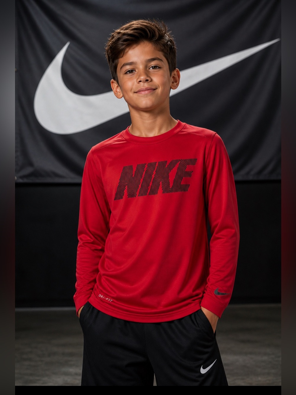 Nike Boys Dri-Fit Red Long Sleeve Logo T Shirt Size M